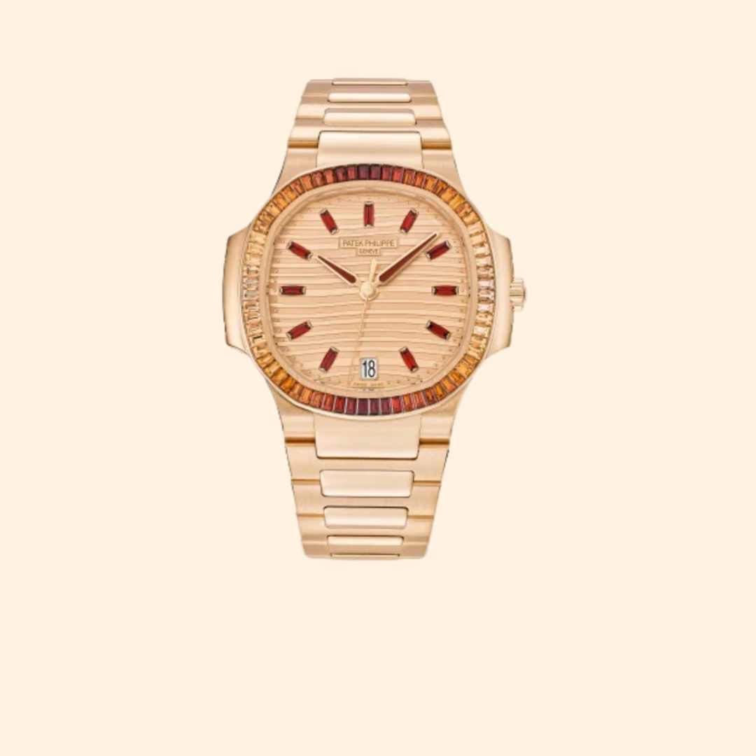 Patek Philippe Nautilus Ladies Ref. 7118/1300R 35.2 MM Rose Gold Waves Rose-Gilt Dial with Spessartite Gem-Set Octagonal Bezel on Rose Gold Bracelet