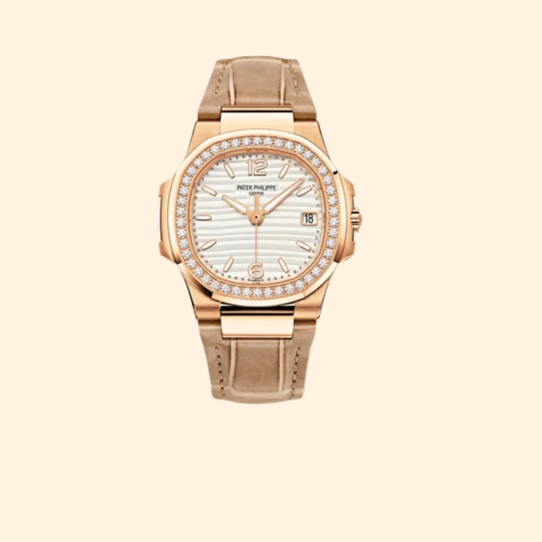 Patek Philippe Nautilus Ref. 7010R Beige Shiny Alligator Strap White-Gold Embossed Dial Rose-Gold Octagonal Diamond Bezel