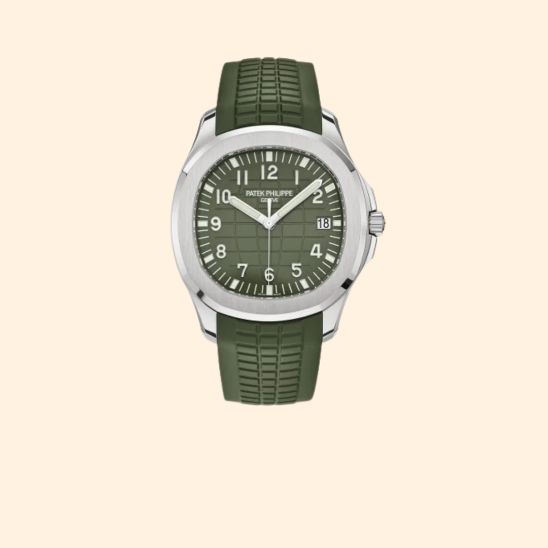 Patek Philippe Aquanaut Ref. 5168G – 42.2mm White Gold with Khaki Green Embossed Dial on Matching Tropical Strap