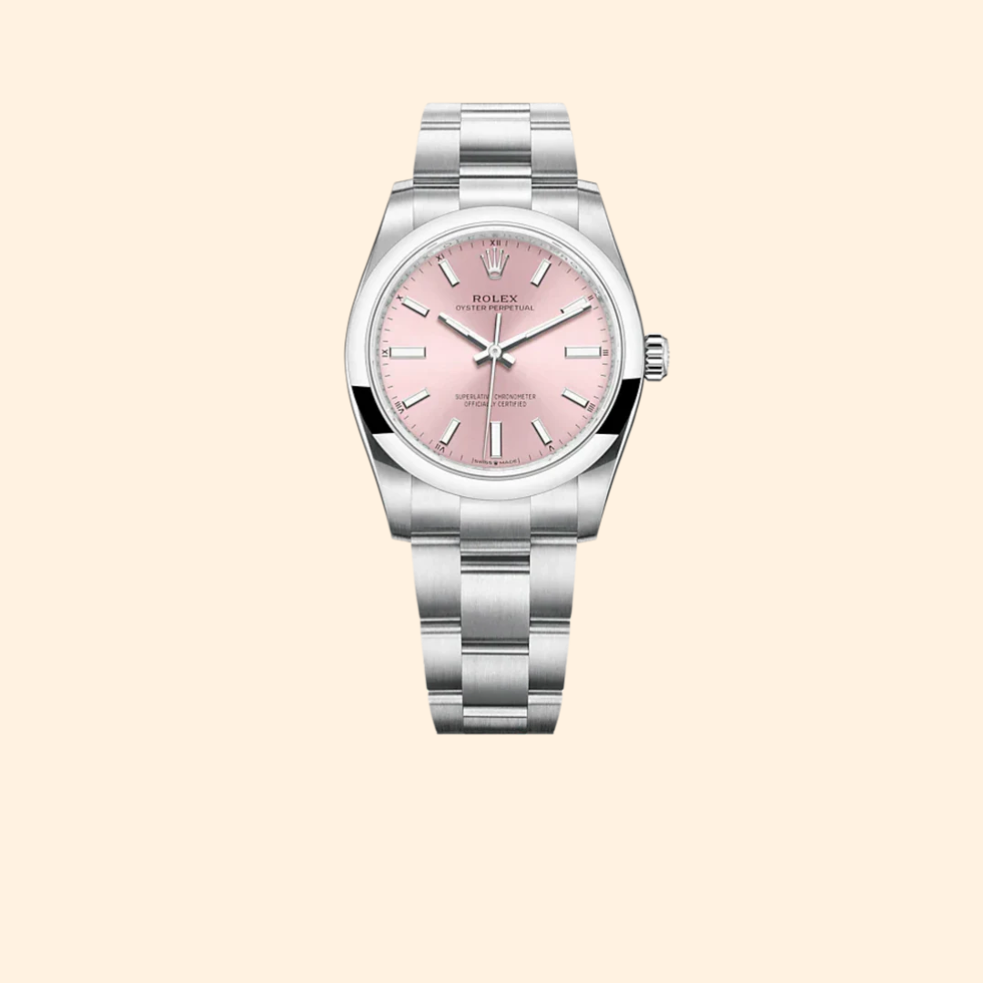 Rolex Oyster Perpetual 34 – Ref. 124200, 34mm Oystersteel with Pink Dial & Domed Bezel