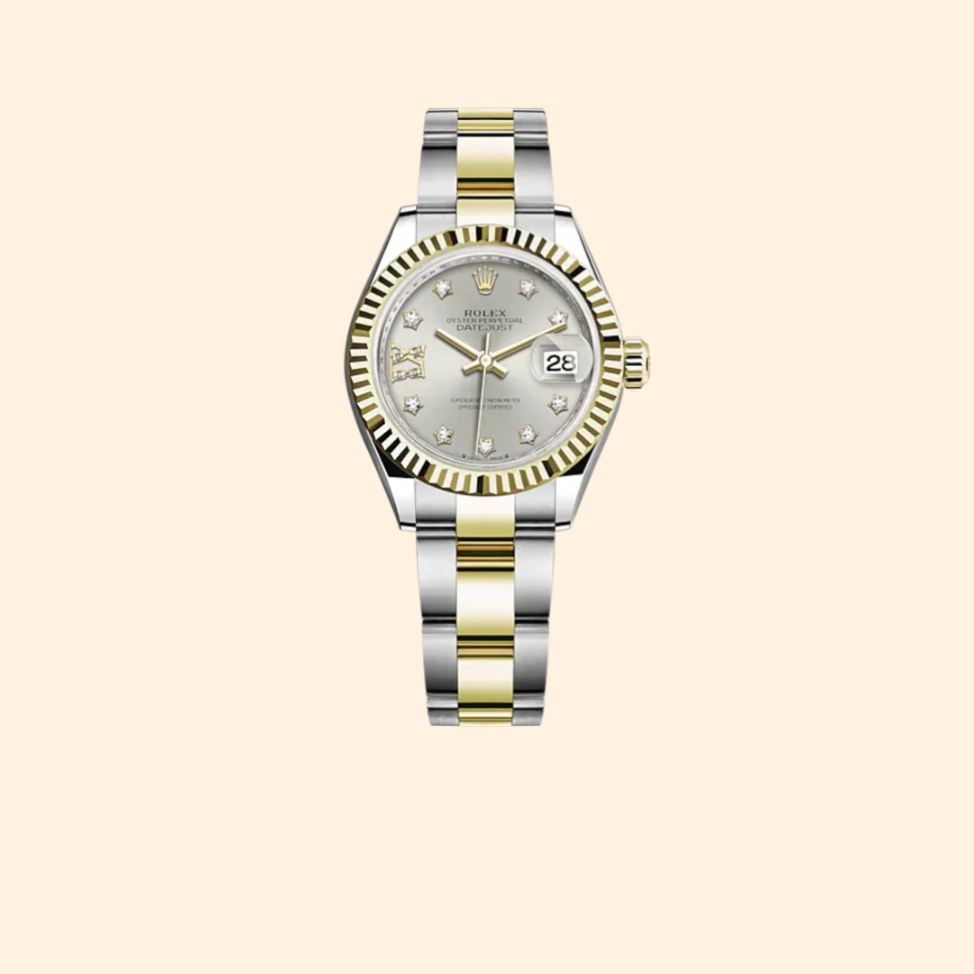 Rolex Lady-Datejust 28 mm Oystersteel & Yellow Gold with Silver Diamond-Set Dial and Fluted Bezel