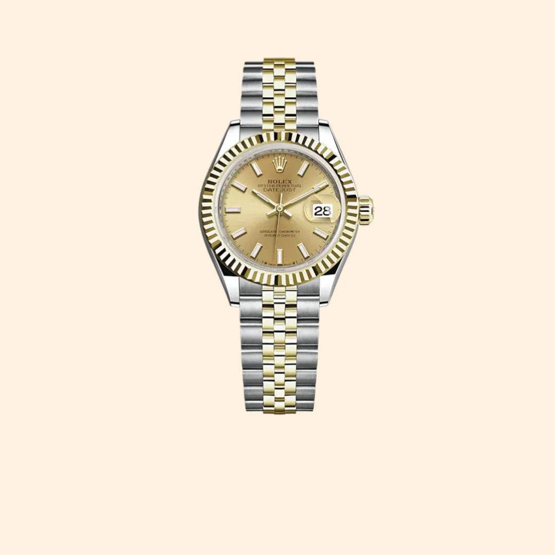 Rolex Lady-Datejust 28 mm Oystersteel & Yellow Gold with Champagne Dial and Fluted Bezel