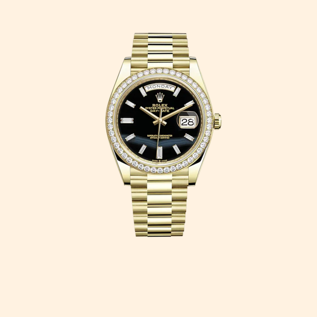 Rolex Day-Date 40 Ref. 228348RBR Yellow Gold Onyx Diamond Dial & Diamond Bezel