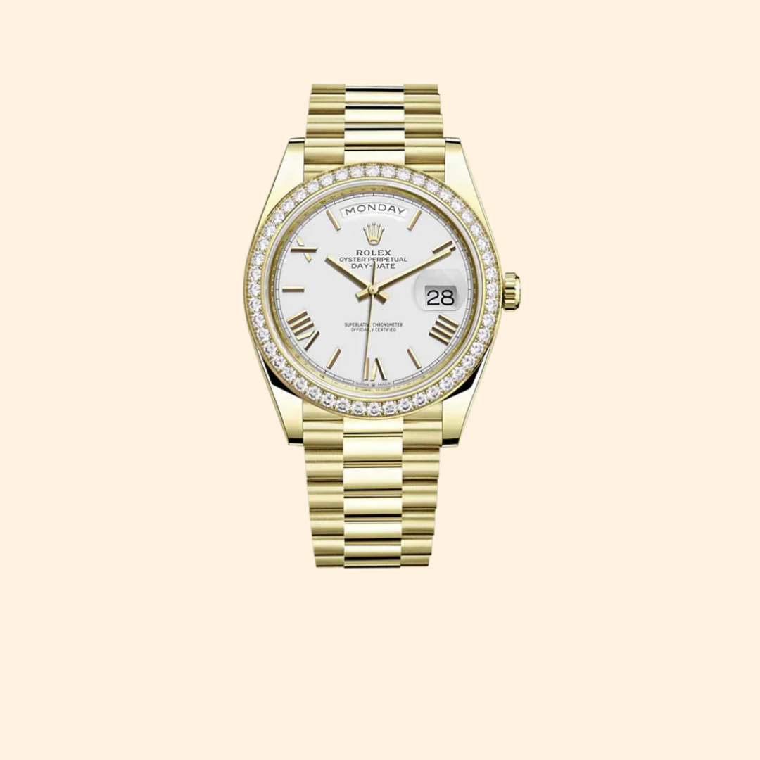 Rolex Day-Date 40 Ref. 228348RBR Yellow Gold White Dial & Diamond Bezel