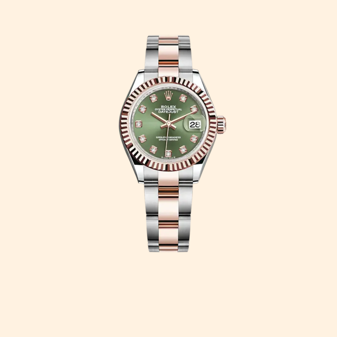 Rolex Lady-Datejust 279171 28 mm Oystersteel and Everose Gold with Olive-Green Diamond-Set Dial and Fluted Bezel