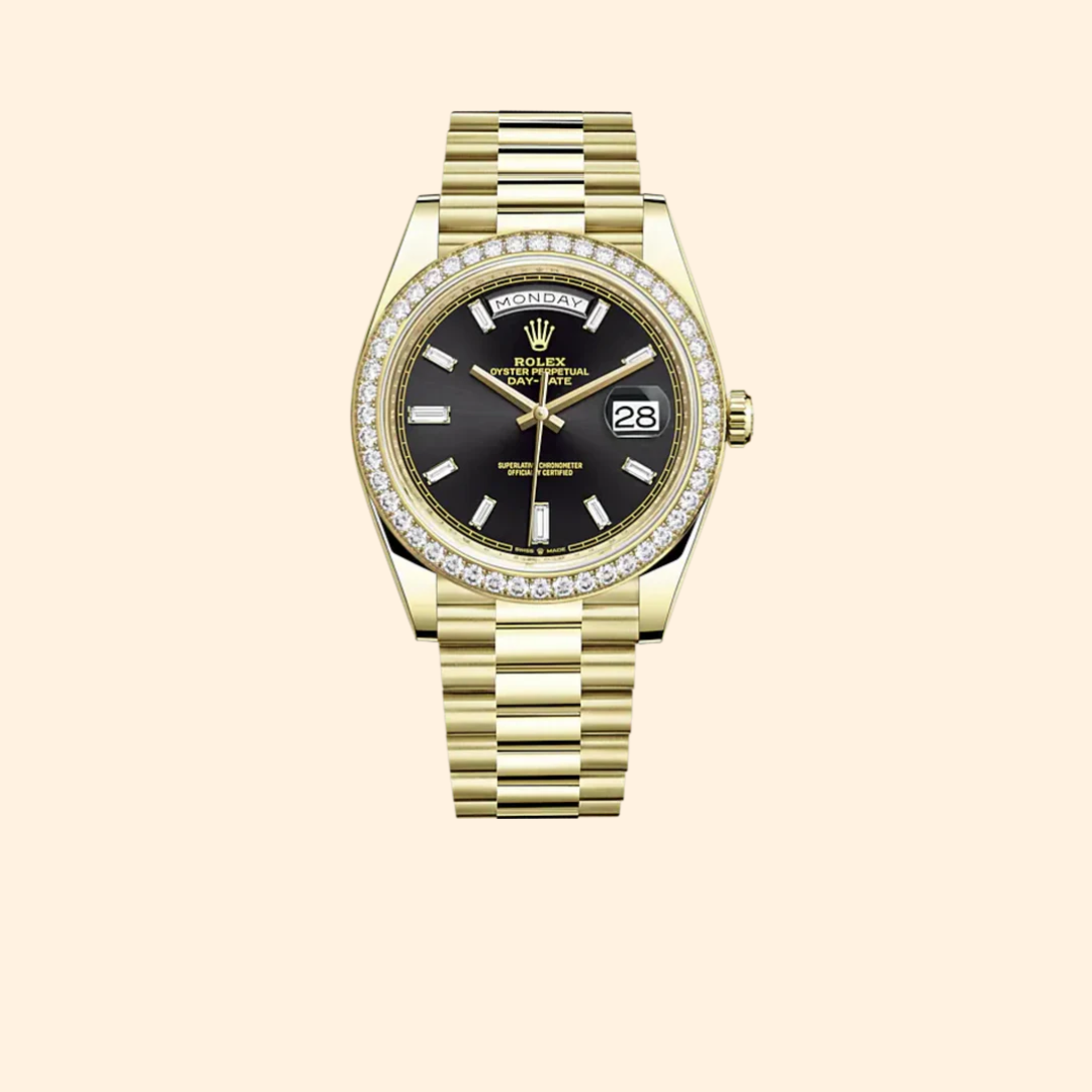Rolex Day-Date 40 Ref. 228348RBR Yellow Gold with Black Diamond-Set Dial & Factory Diamond Bezel