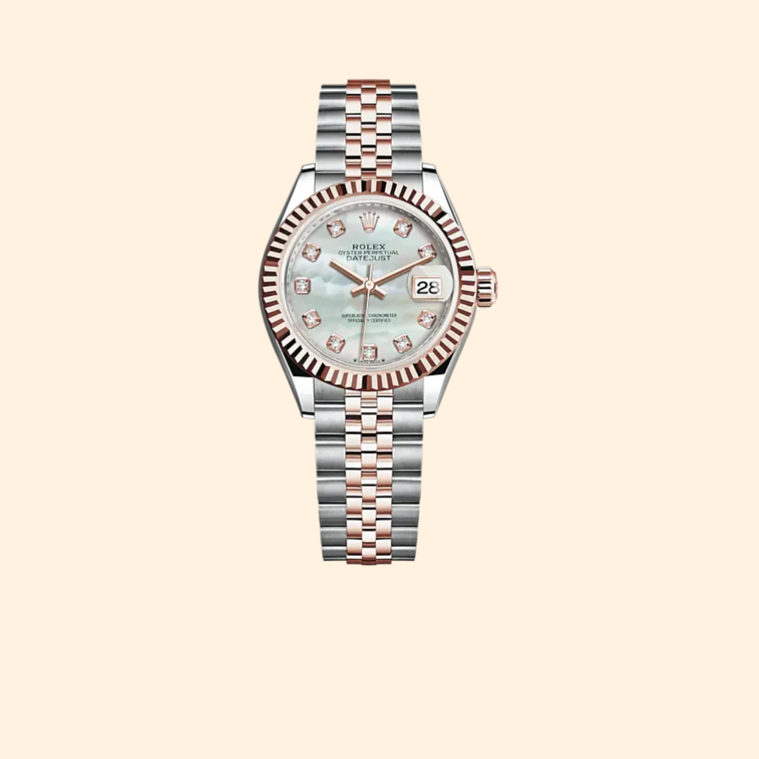 Rolex Lady-Datejust 279171 28 mm Oystersteel and Everose Gold with White Mother-of-Pearl Diamond-Set Dial and Fluted Bezel