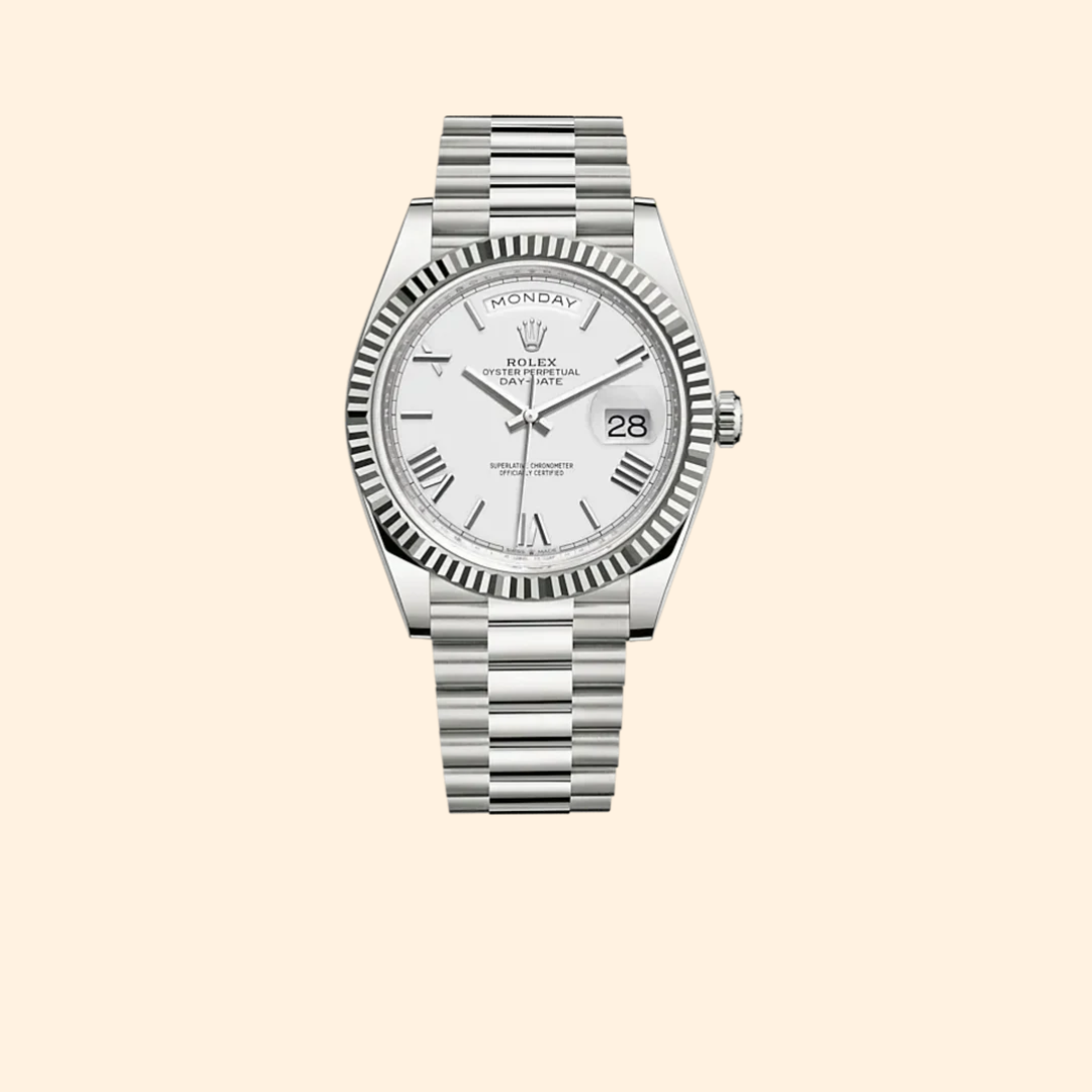 Rolex Day-Date 40 Ref. 228239 White Gold with White Dial & Fluted Bezel