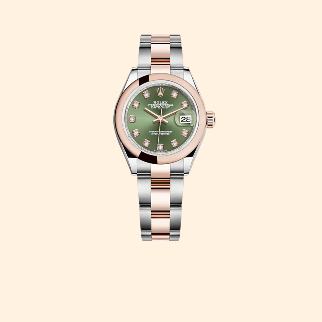 Rolex Lady-Datejust 279161 28 mm Oystersteel and Everose Gold with Olive-Green Diamond-Set Dial and Domed Bezel