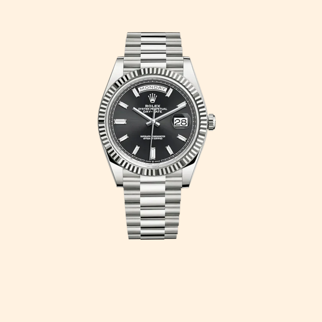 Rolex Day-Date 40 Ref. 228239 White Gold with Bright Black Diamond-Set Dial & Fluted Bezel