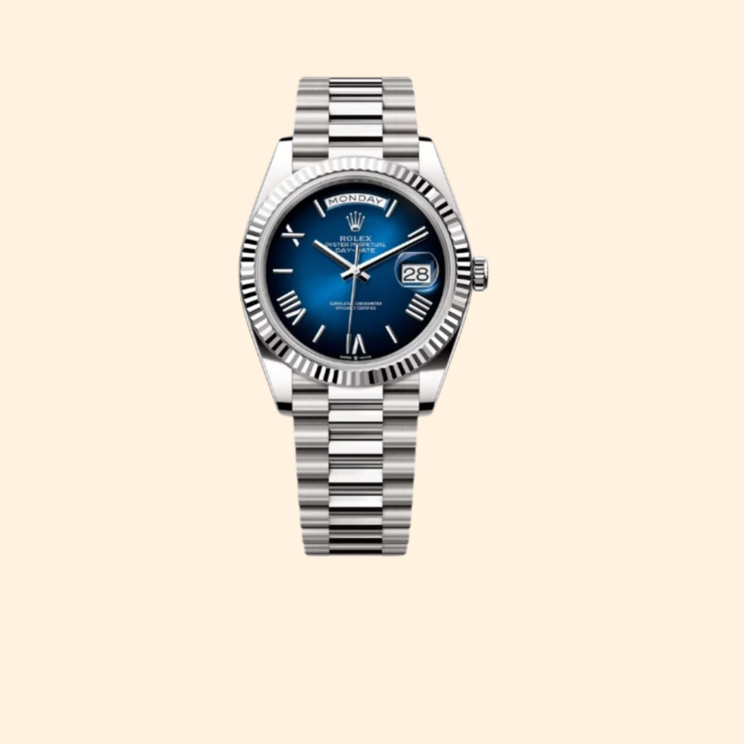 Rolex Day-Date 40 Ref. 228239 White Gold with Ombré Blue “Smoke” Dial & Fluted Bezel