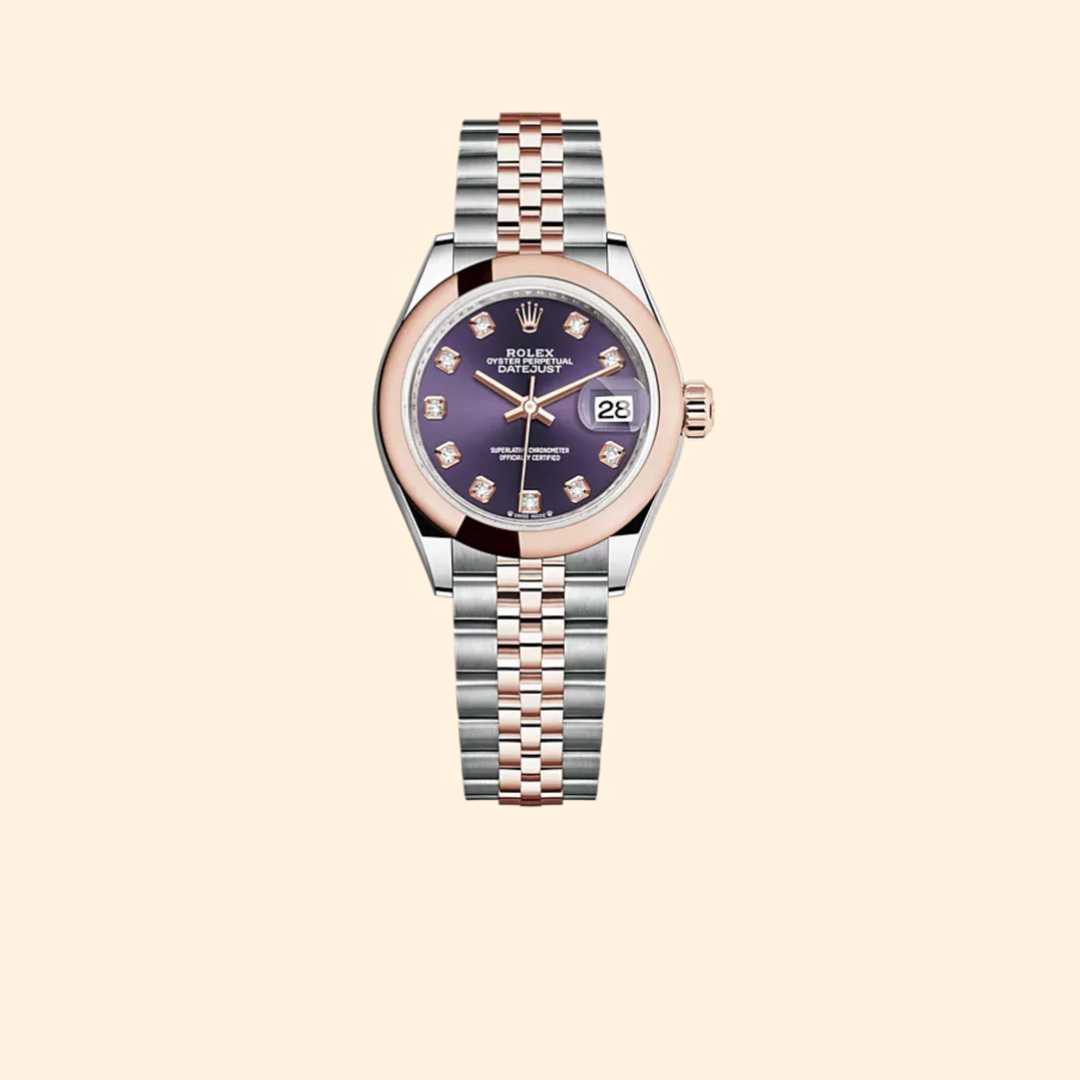 Rolex Lady-Datejust 279161 28 mm Oystersteel and Everose Gold with Aubergine Diamond-Set Dial and Domed Bezel