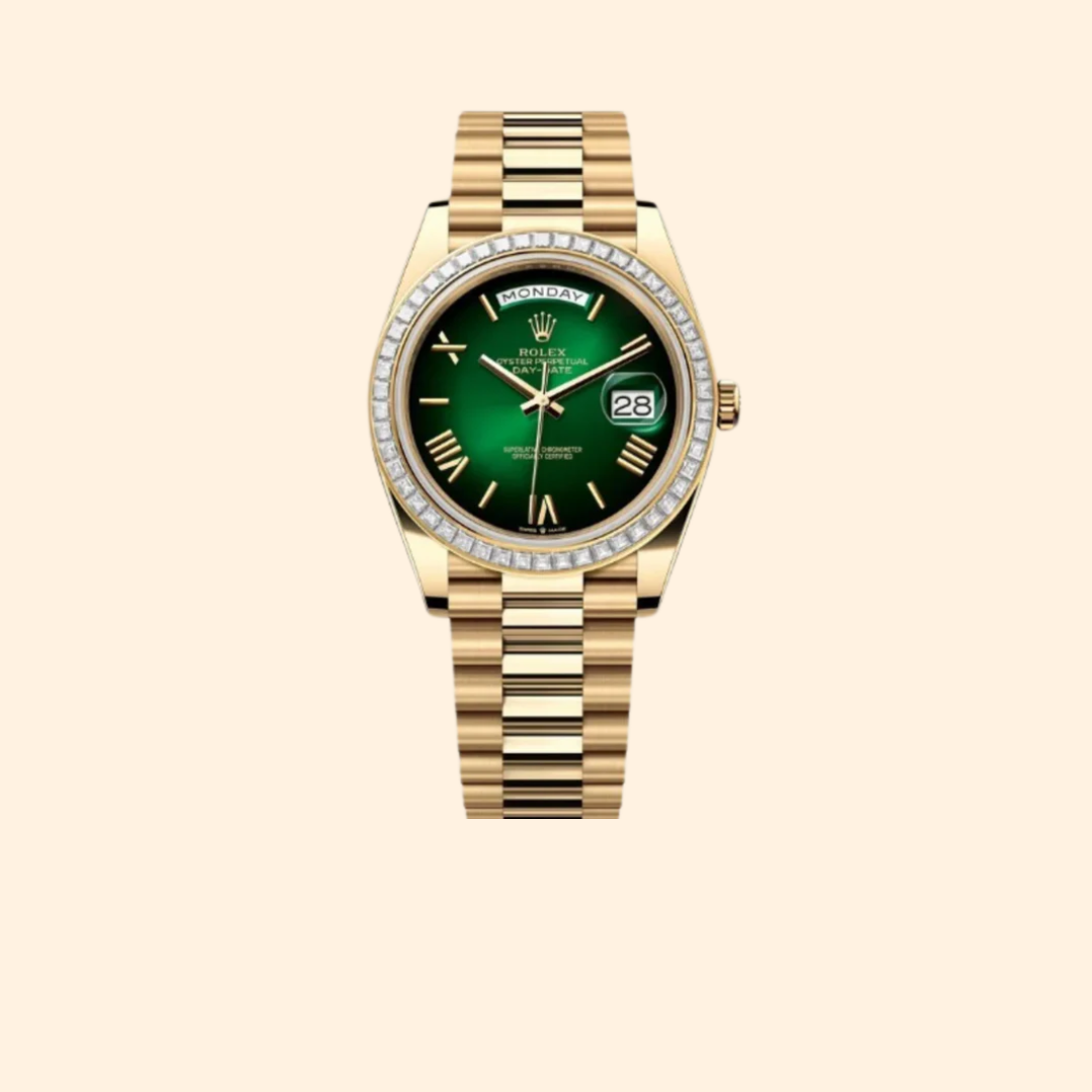 Rolex Day-Date Ref. 228398TBR 40 mm 18k Yellow Gold with Ombré Green Dial and Diamond-Set Bezel