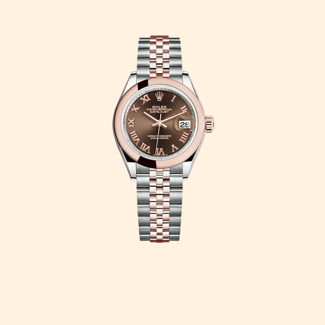 Rolex Lady-Datejust 279161 28 mm Oystersteel and Everose Gold with Chocolate Roman Dial and Domed Bezel