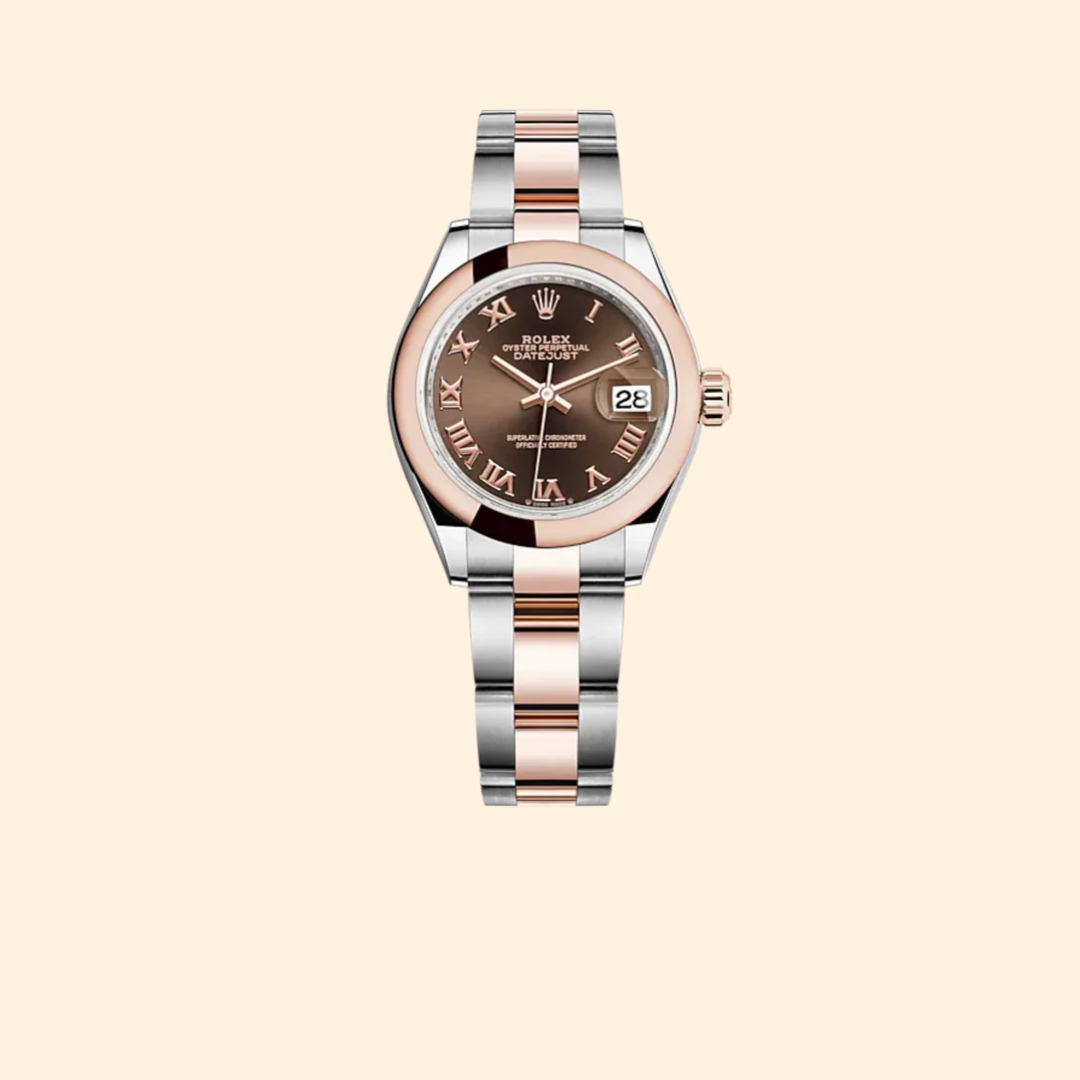 Rolex Lady-Datejust 279161 28 mm Oystersteel and Everose Gold with Chocolate Dial and Domed Bezel