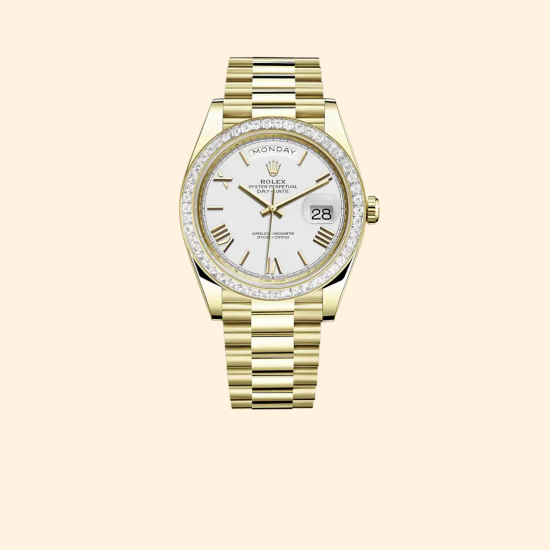 Rolex Day-Date Ref. 228398TBR 40 mm 18k Yellow Gold with White Roman Dial and Diamond-Set Bezel