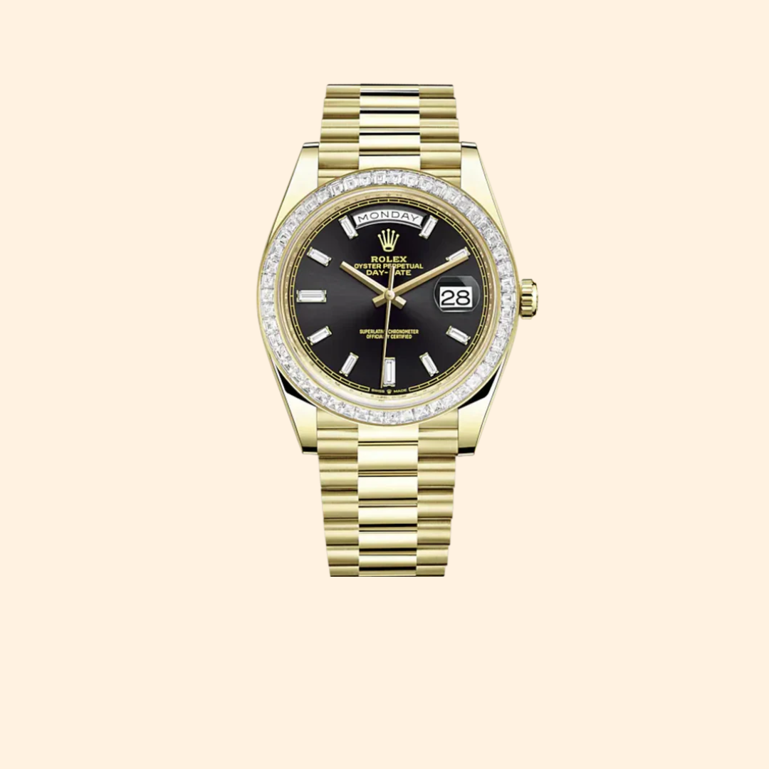 Rolex Day-Date Ref. 228398TBR 40 mm 18k Yellow Gold with Bright Black Diamond-Set Dial and Diamond-Set Bezel