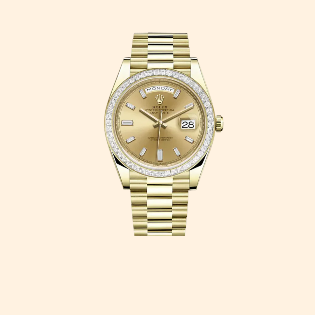Rolex Day-Date Ref. 228398TBR 40 mm 18k Yellow Gold with Champagne Dial and Diamond-Set Bezel