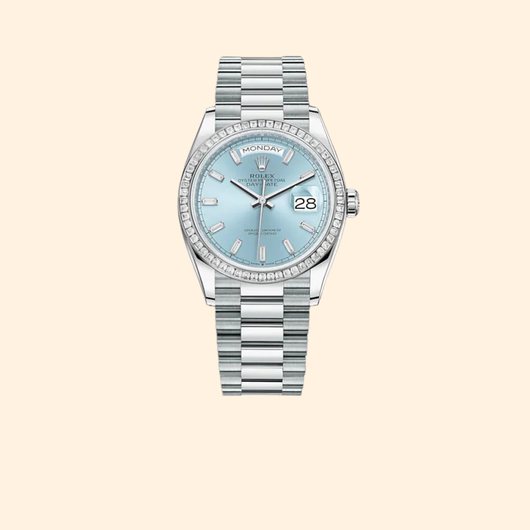 Rolex Day-Date Ref. 128396TBR 36 mm White Gold with Ice Blue Diamond-Set Dial and Diamond Bezel