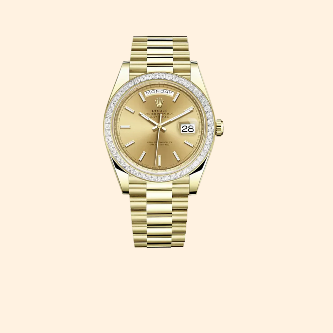 Rolex Day-Date Ref. 228398TBR 40 mm 18k Yellow Gold with Champagne Index Dial and Diamond-Set Bezel