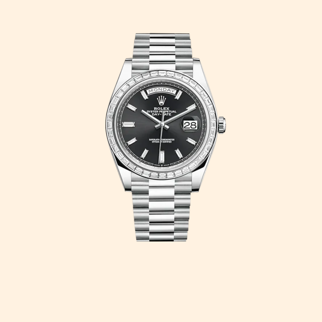 Rolex Day-Date Ref. 228396TBR 40 mm Platinum with Bright Black Diamond-Set Dial and Diamond-Set Bezel