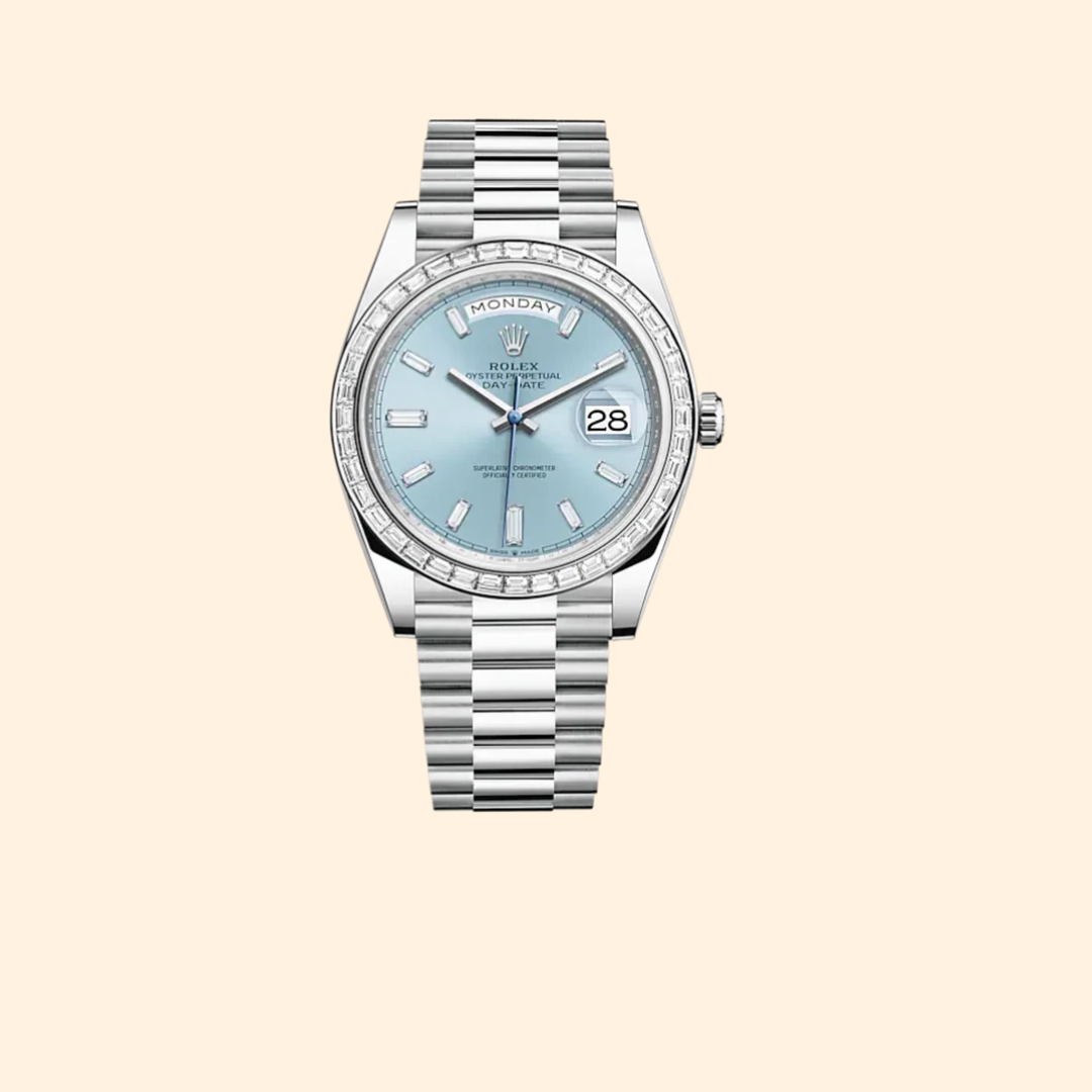Rolex Day-Date Ref. 228396TBR 40 mm Platinum with Ice-Blue Diamond-Set Dial and Diamond-Set Bezel