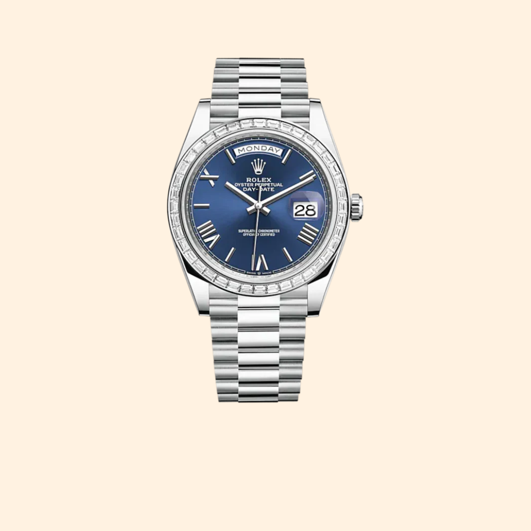 Rolex Day-Date Ref. 228396TBR 40 mm Platinum with Bright Blue Dial and Diamond-Set Bezel
