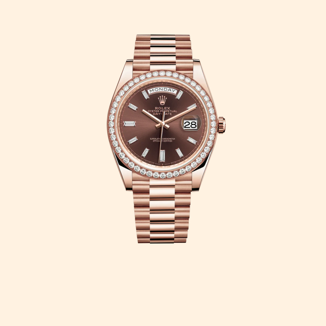 Rolex Day-Date Ref. 228345RBR 40 mm Everose Gold with Chocolate Diamond-Set Dial and Diamond-Set Bezel