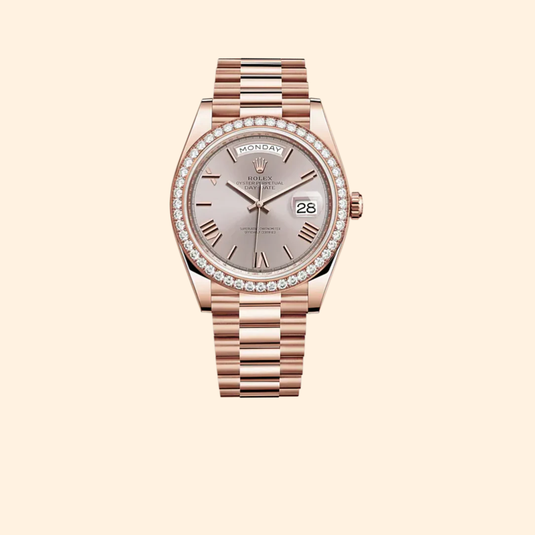 Rolex Day-Date Ref. 228345RBR 40 mm Everose Gold with Sundust Dial and Diamond-Set Bezel