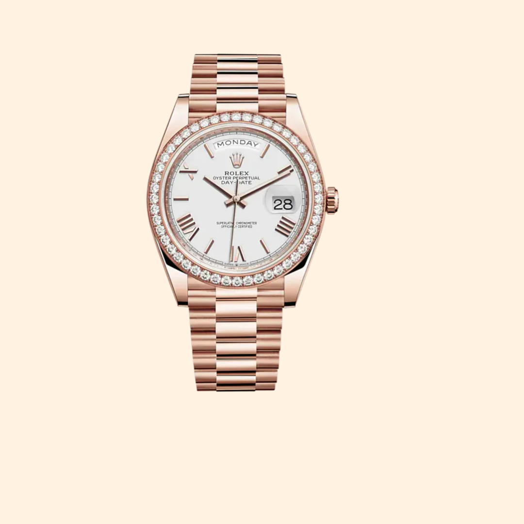 Rolex Day-Date Ref. 228345RBR 40 mm Everose Gold with White Dial and Diamond-Set Bezel