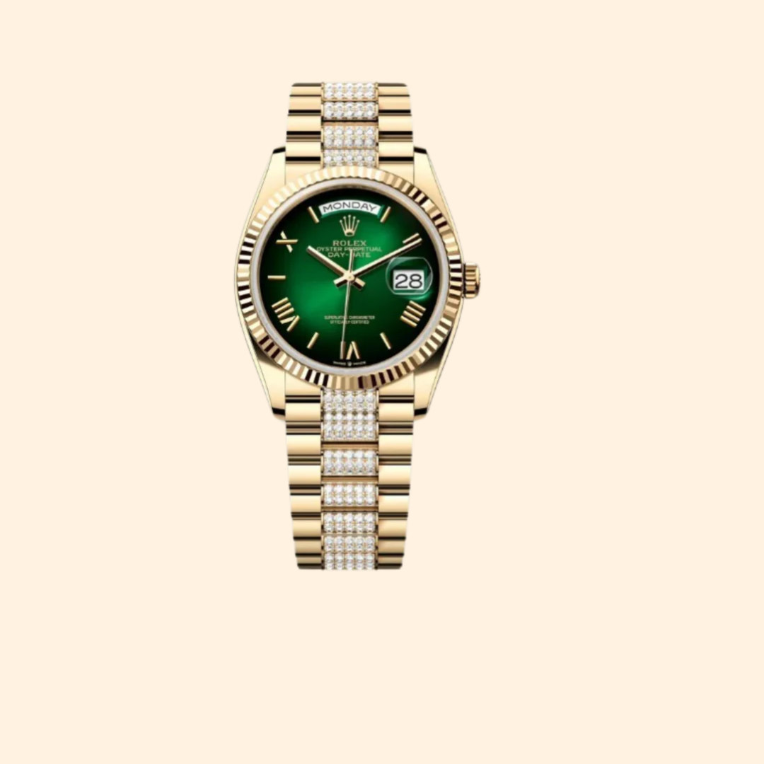 Rolex Day-Date 36 Ref. 128238 Yellow Gold with Ombré Green Dial & Diamond-Set Links