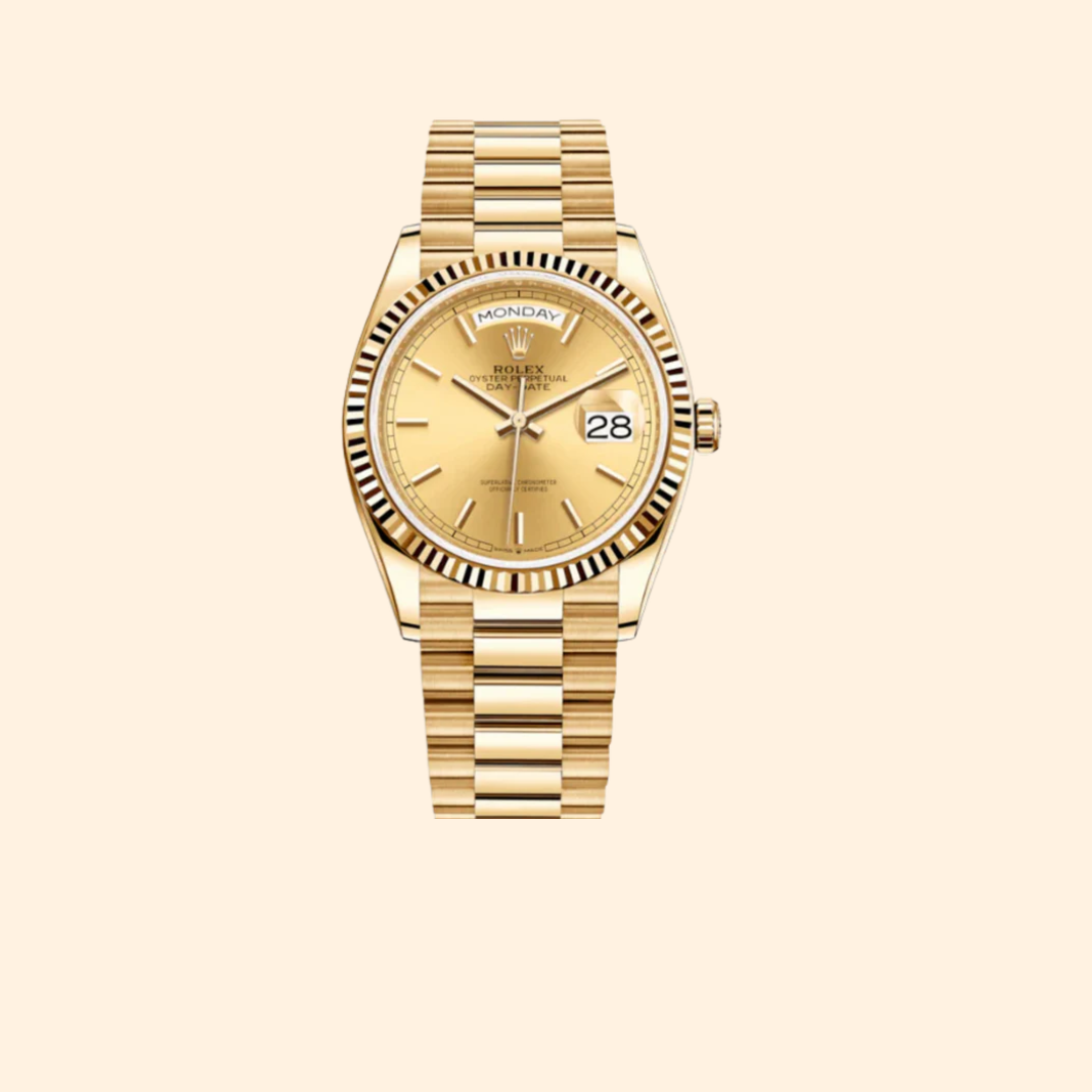 Rolex Day-Date 36 Ref. 128238 Yellow Gold with Champagne Stick Dial & Fluted Bezel