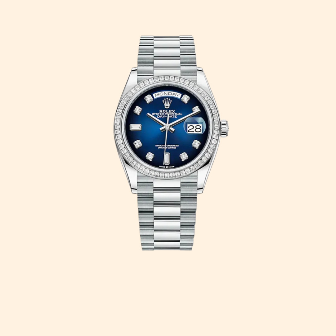 Rolex Day-Date Ref. 128396TBR 36 mm White Gold with Blue Ombré Diamond-Set Dial and Diamond-Set Bezel