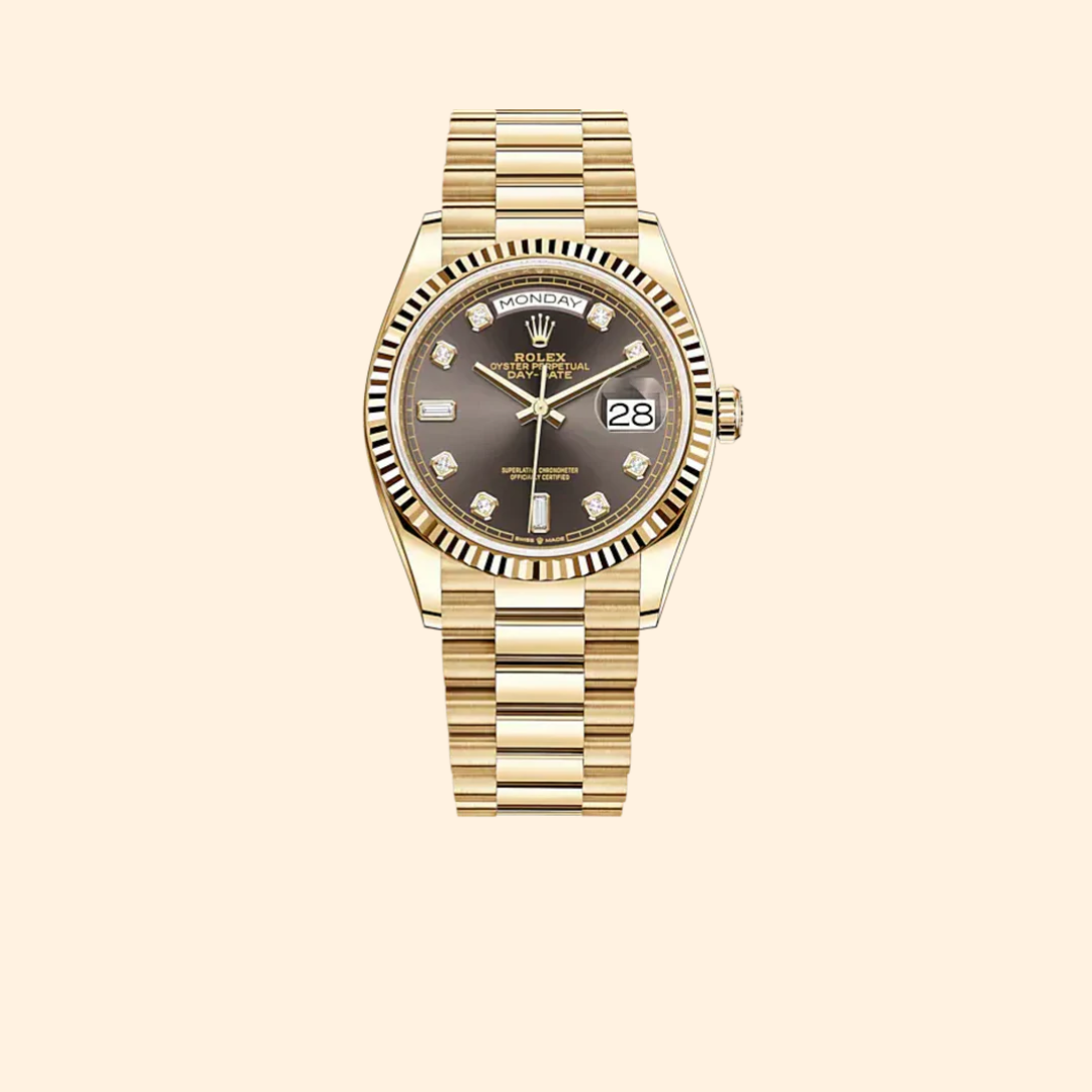 Rolex Day-Date 36 Ref. 128238 Yellow Gold with Dark Grey Diamond-Set Dial & Fluted Bezel