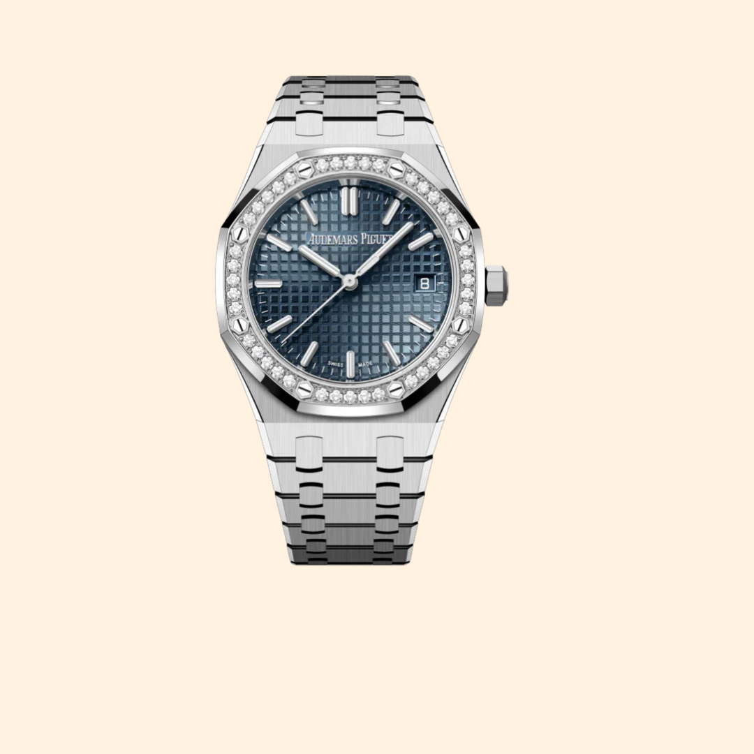Audemars Piguet Royal Oak Ref. 77451ST.ZZ.1361ST.02 34 mm Stainless Steel Blue Dial Diamond Bezel “50th Anniversary”