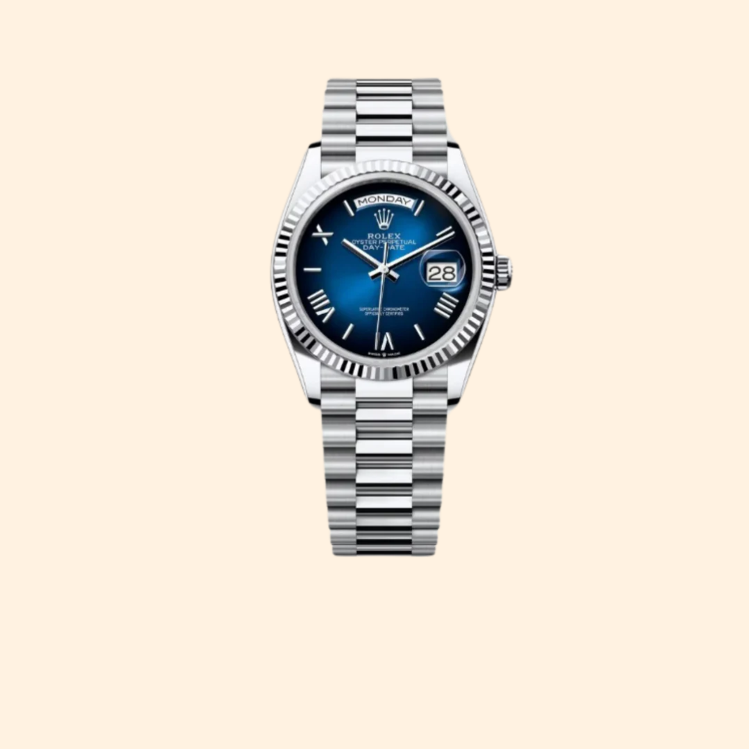 Rolex Day-Date 36 Ref. 128236 Platinum with Ombré Blue Dial & Fluted Bezel