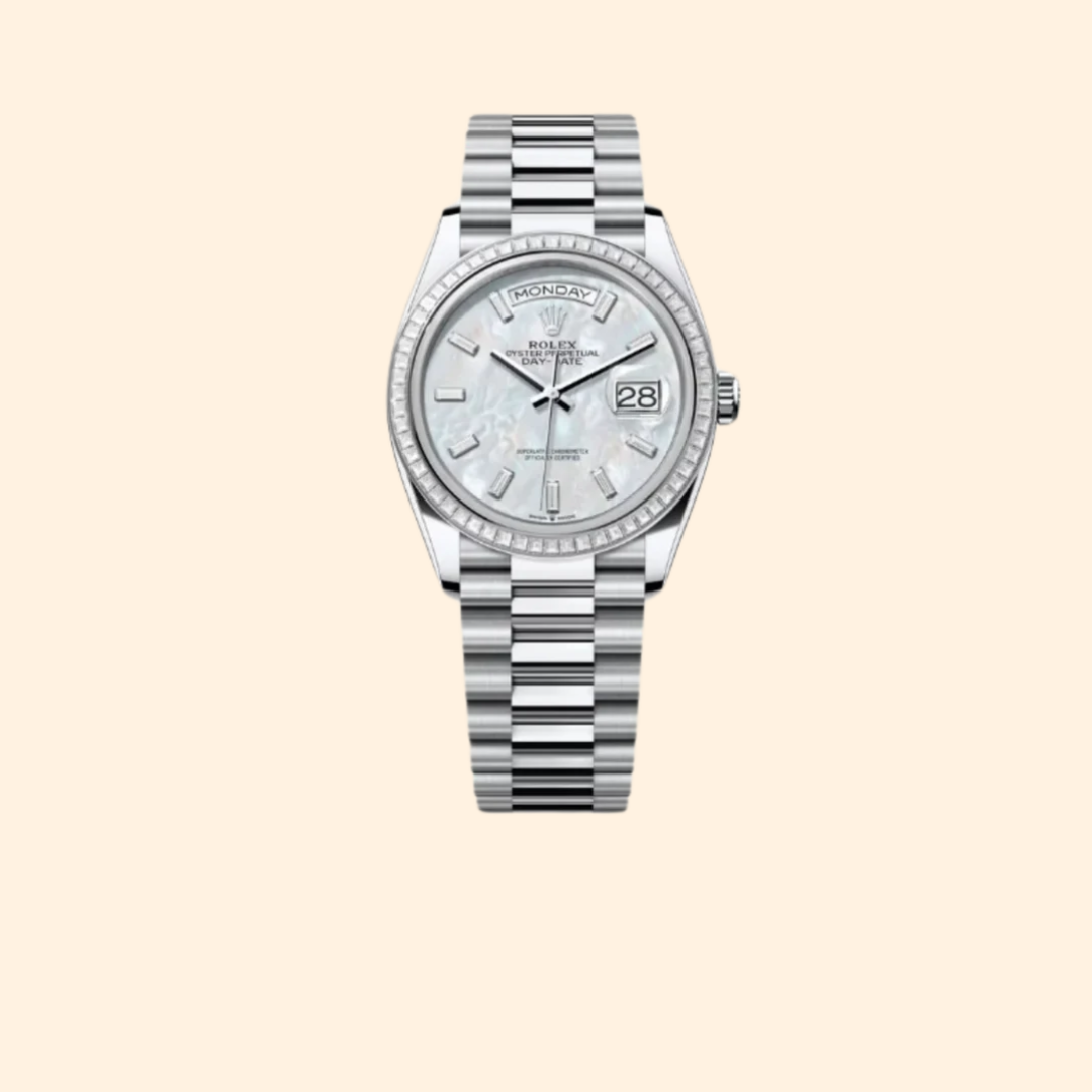 Rolex Day-Date Ref. 128396TBR 36 mm Platinum with Mother-of-Pearl Dial and Baguette Diamonds