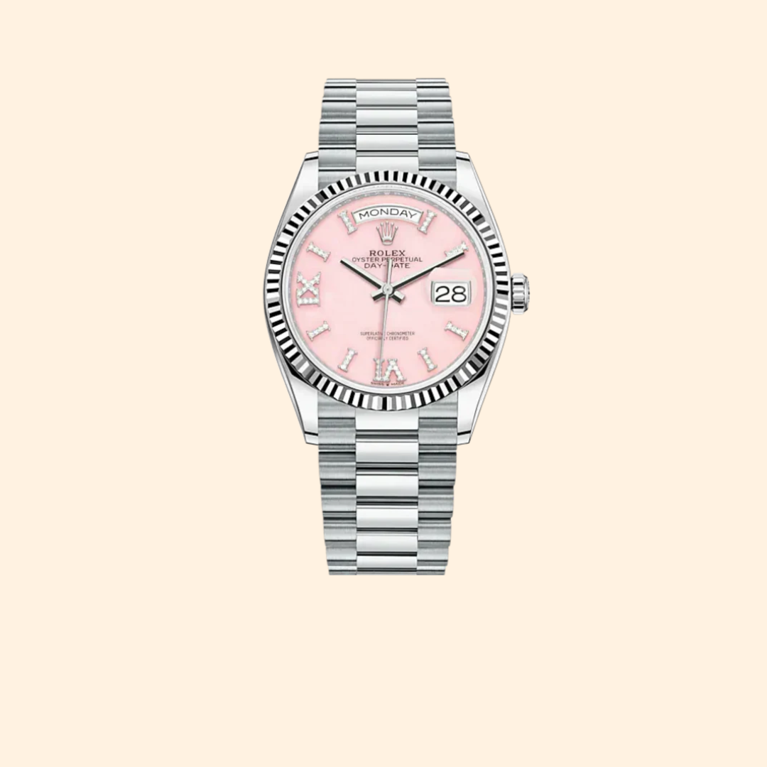 Rolex Day-Date 36 Ref. 128236 Platinum with Pink Opal Diamond-Set Dial & Fluted Bezel