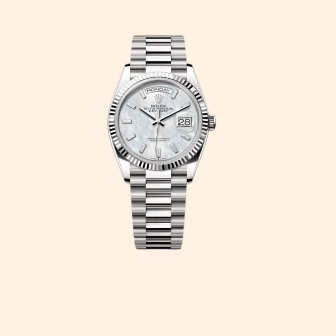 Rolex Day-Date 36 Ref. 128239 White Gold with Mother-of-Pearl Dial & Baguette-Cut Diamond Hour Markers