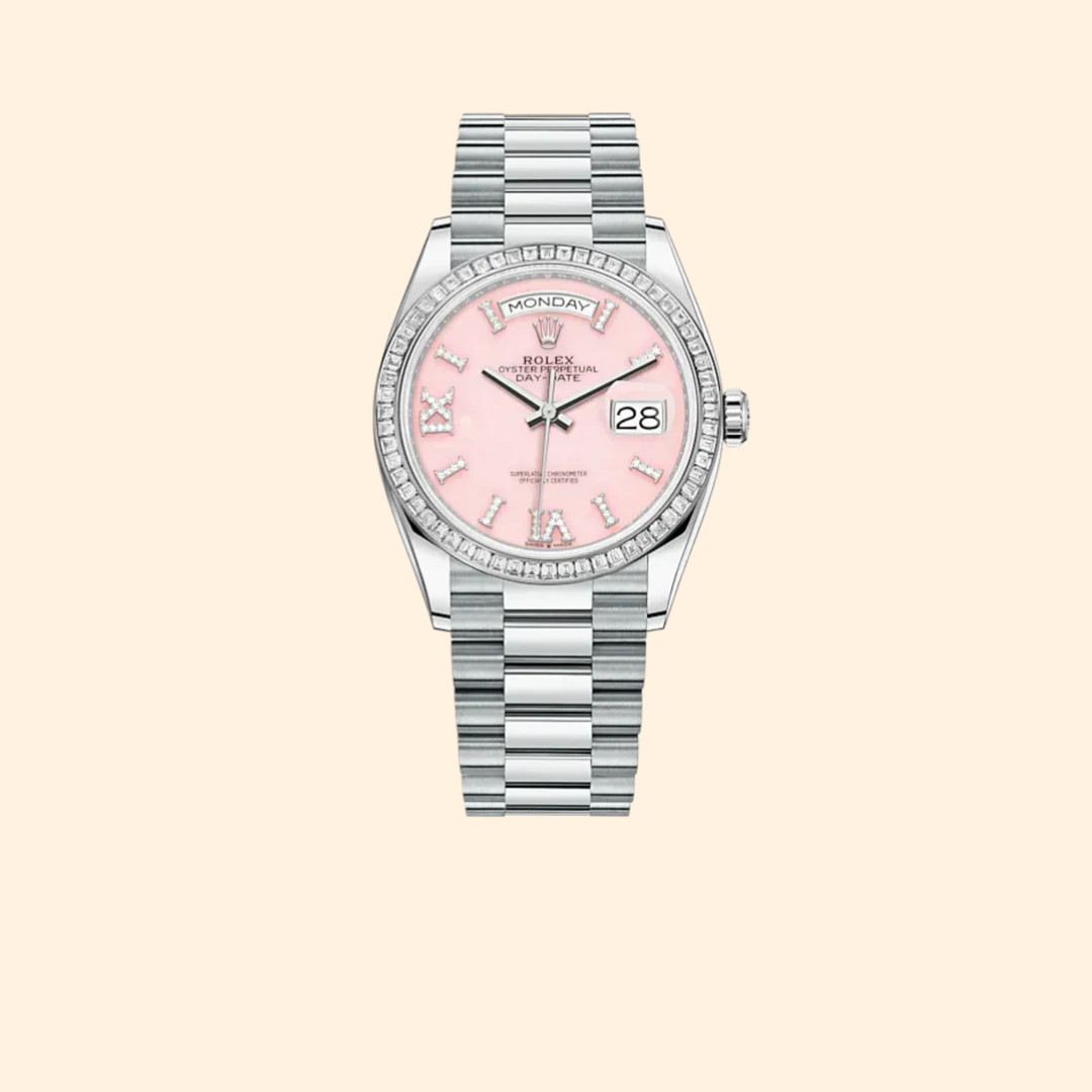 Rolex Day-Date Ref. 128396TBR 36 mm Platinum with Pink Opal Diamond-Set Dial and Diamond-Set Bezel