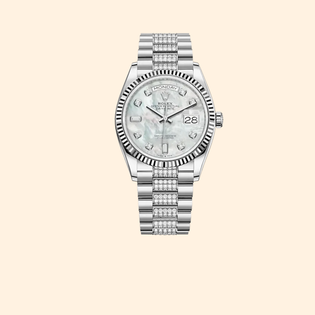 Rolex Day-Date 36 Ref. 128239 36 mm White Gold with White Mother-of-Pearl Diamond-Set Dial