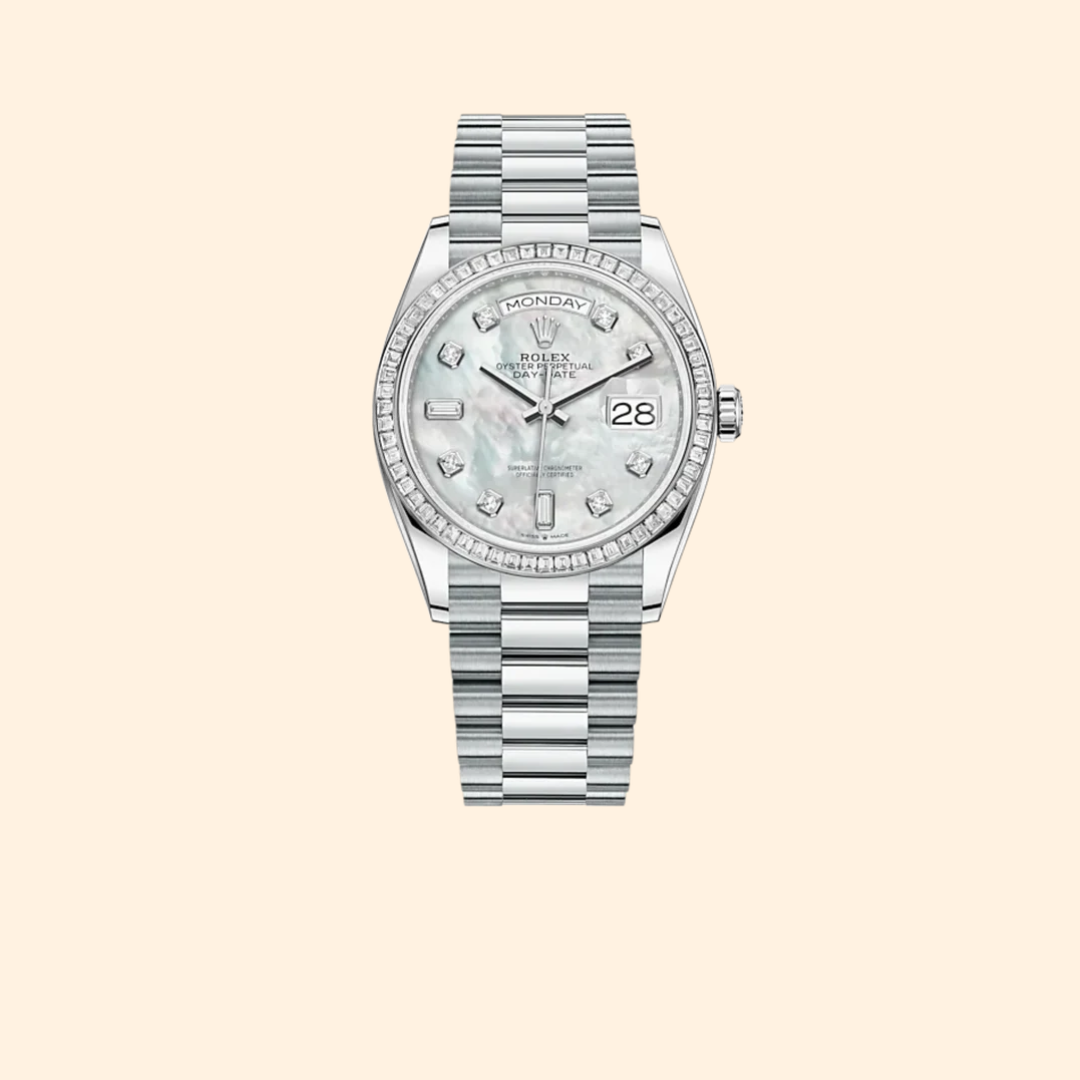 Rolex Day-Date Ref. 128396TBR 36 mm White Gold with White Mother-of-Pearl Diamond-Set Dial and Diamond-Set Bezel